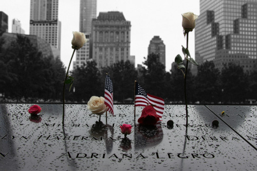 Flowers on a 9/11 memorial.